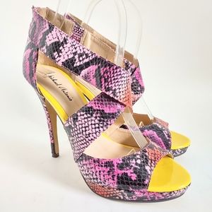 Michael Antonio Tovey Sz 7 Reptile Print Back Zip Open Toe Platform Stilettos